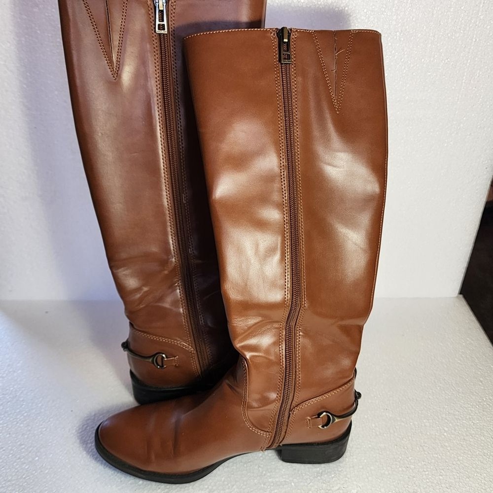 Sam & Libby Perry Tall Cognac Leather Riding Boots with Bit Accent