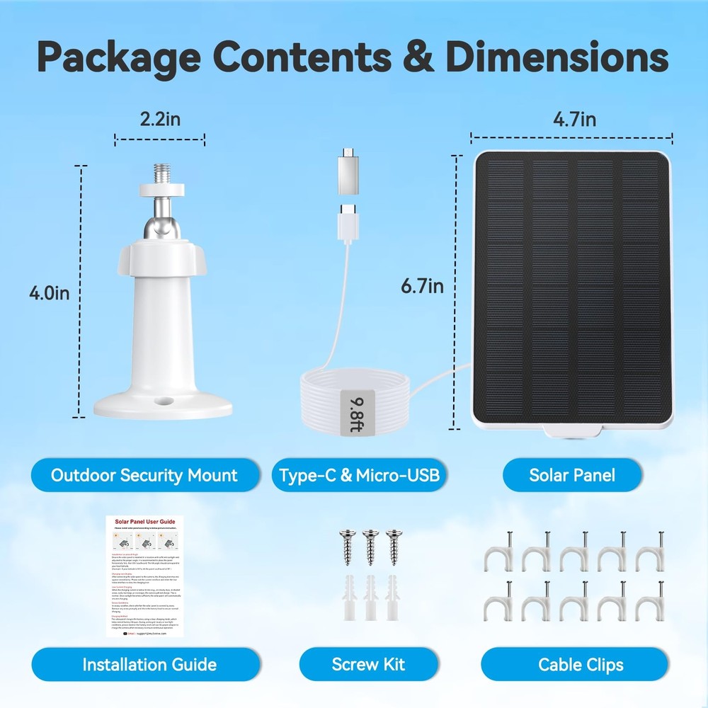 3W Solar Panel for Battery-Powered Security Cameras,USB-C & Micro USB White