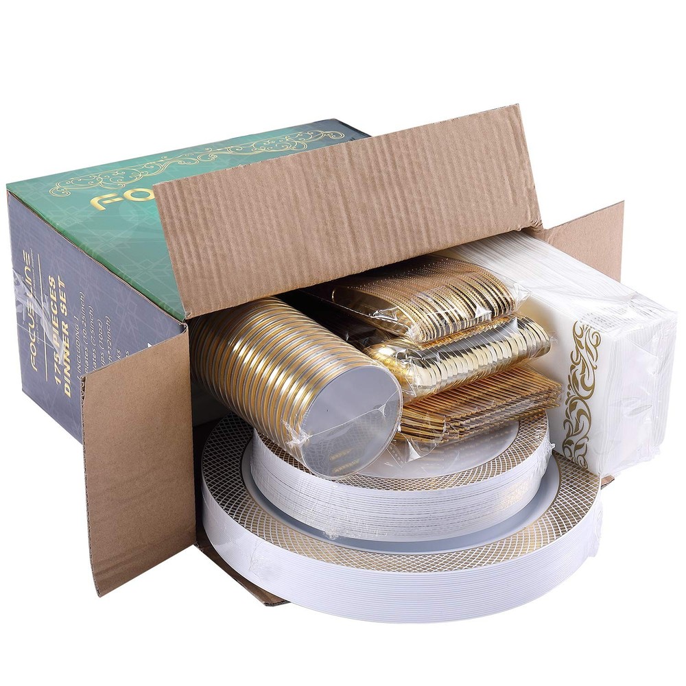 175 Count 175Pack Gold Dinnerware Set 10" Dinner Plates, 7" Dessert Plates