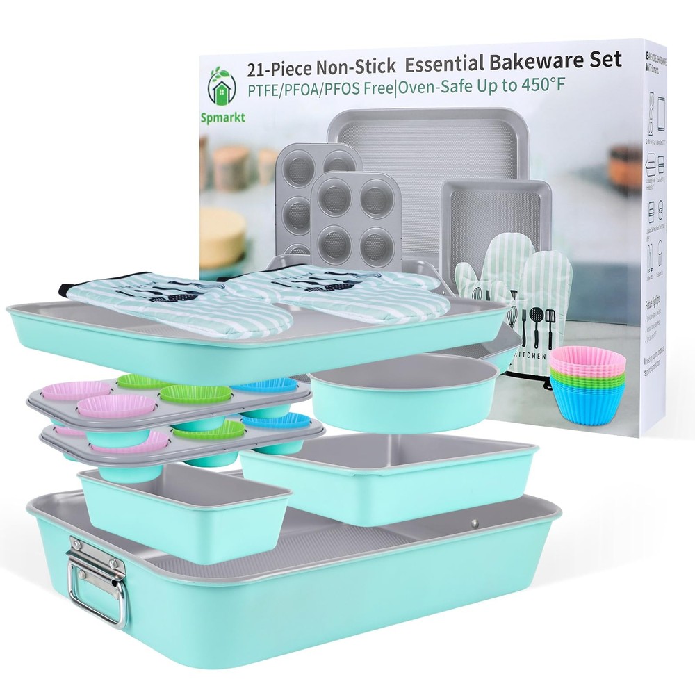Spmarkt 21-pieces Stackable Nonstick Bakeware Set, L, Blue+Grey