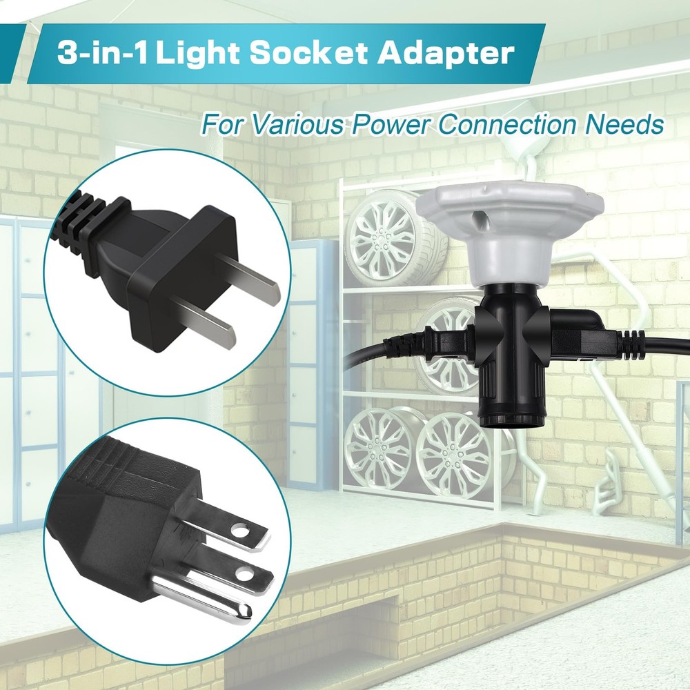 Black 3 Prong Light Socket Adapter with 2 Outlets E26 E27 Plug Converter