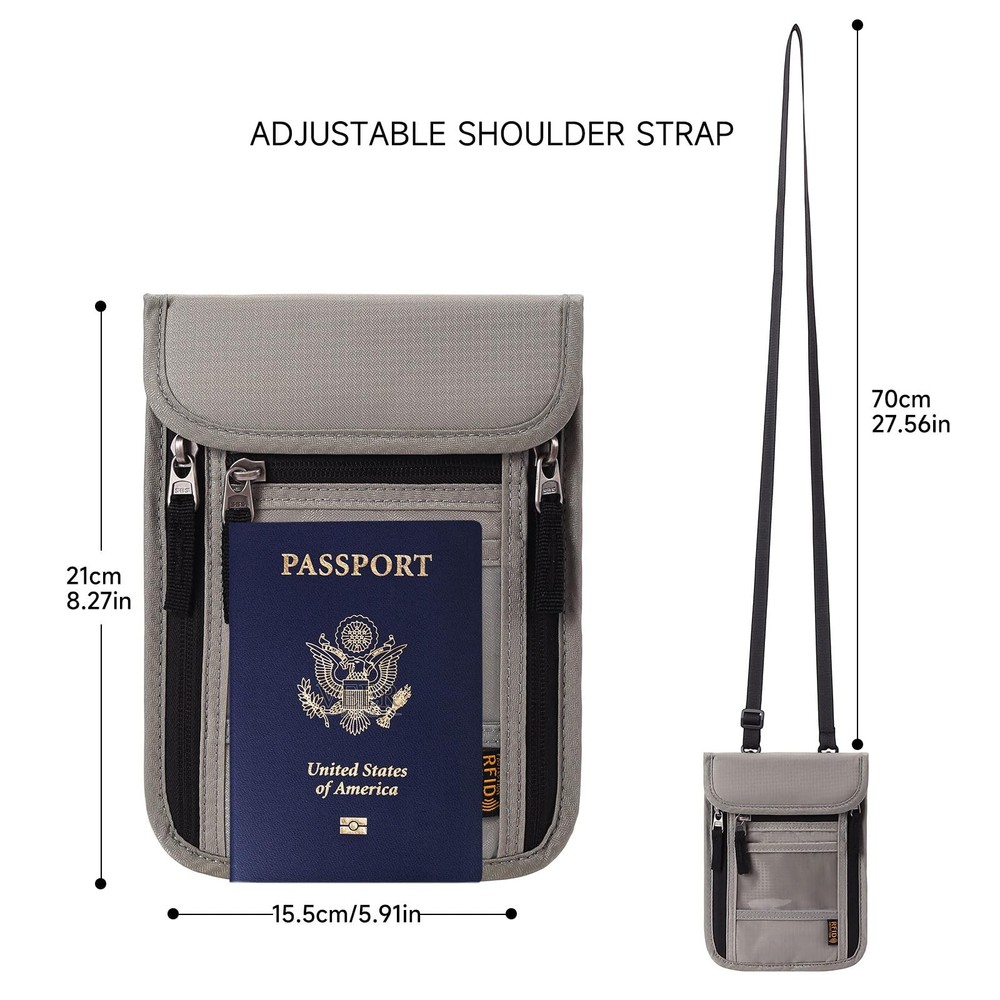 Passport Holder Neck Wallet RFID Blocking Light Gray