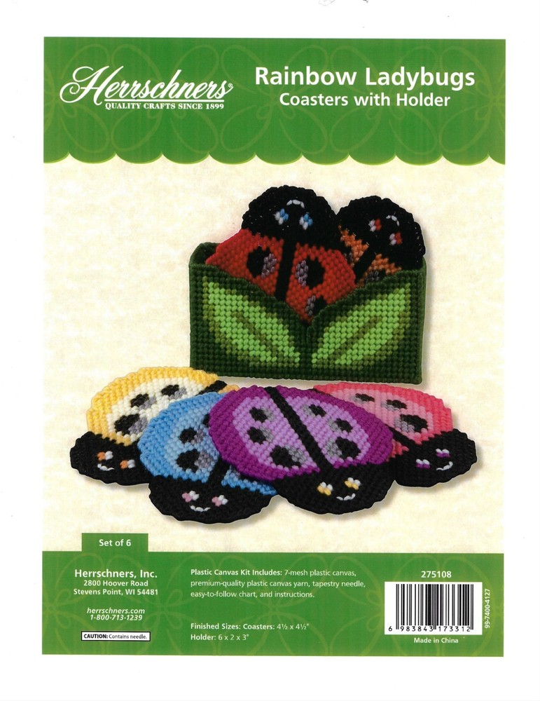 RAINBOW LADYBUGS COASTERS & HOLDER  7ct plastic canvas  PATTERN  (#TF0499)
