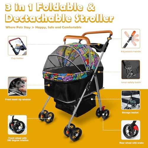 Pet Stroller with Storage Basket and Cup Holder, Folding Dog magic black