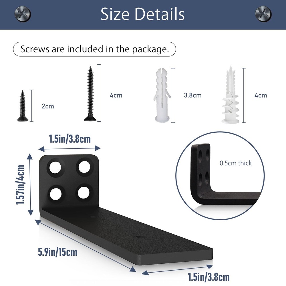 4 Pack Heavy Duty Floating Shelf Bracket Black L Brackets 15cm 5mm Thick