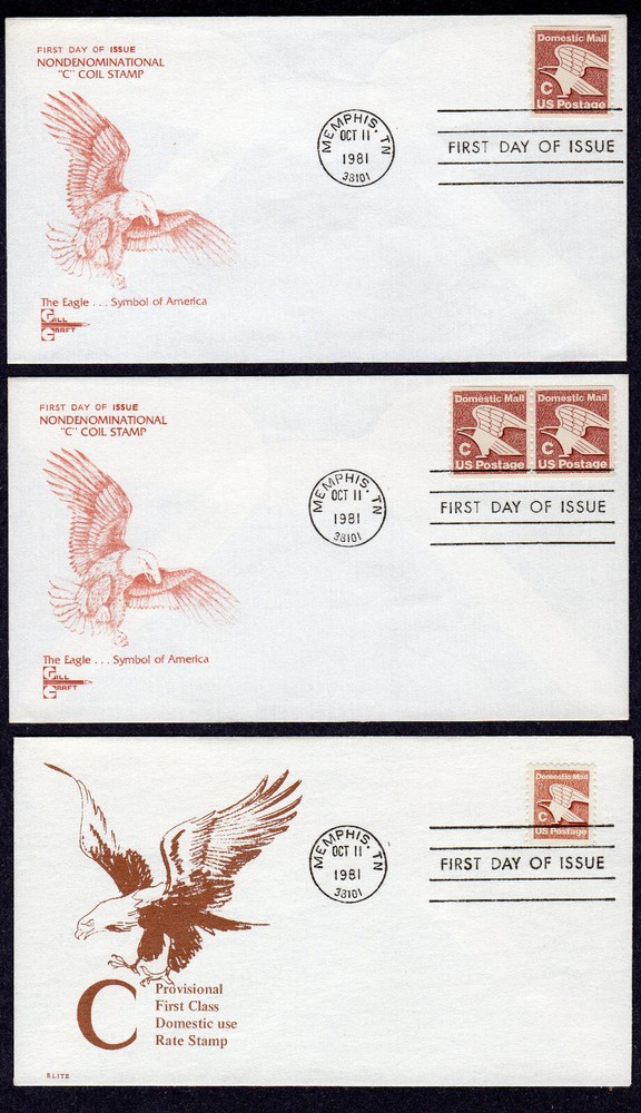 1981 "C" Rate Chnage Eagles Varieites - THREE FDCs NU393