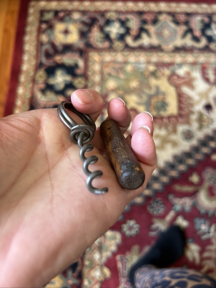 Vtg Twisted Wire Finger Loop Pull Corkscrew Ring Wood Wine Bottle Opener 3”