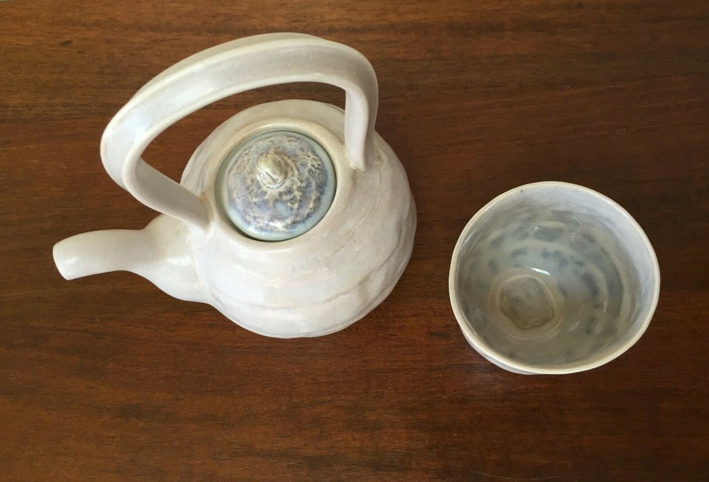 Studio Art Pottery Glazed Teapot & Cup Signed