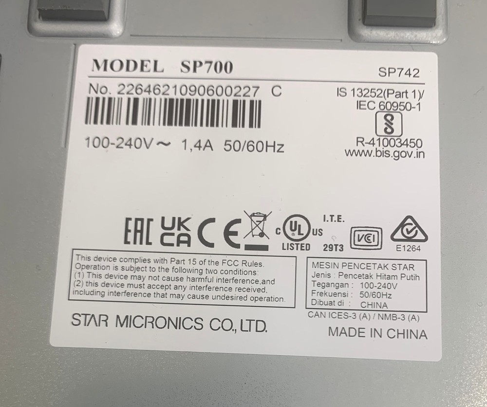 Star Micronics SP700 POS Black Splash Resistant Receipt Printer 8.9ips