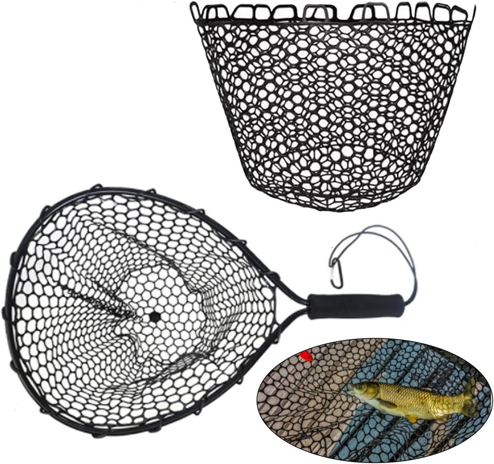 Fishing Net, 14.9in x 12.6in Black Rubber Replacement Fish Nets, Deepened Sof...