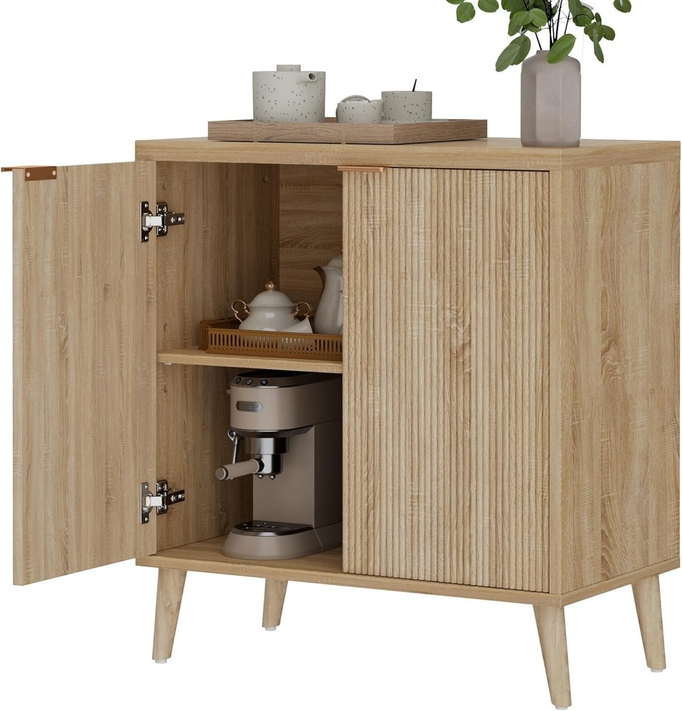 Buffet Cabinet W/ Storage Modern Fluted Accent Sideboard W/ Doors & Adjustable