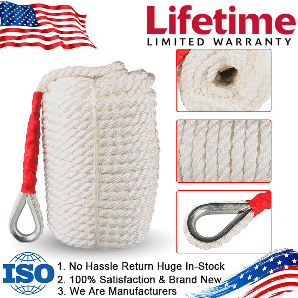 1PCS 3/4"x200' Twisted three strand Boat Anchor Rope with thimble
