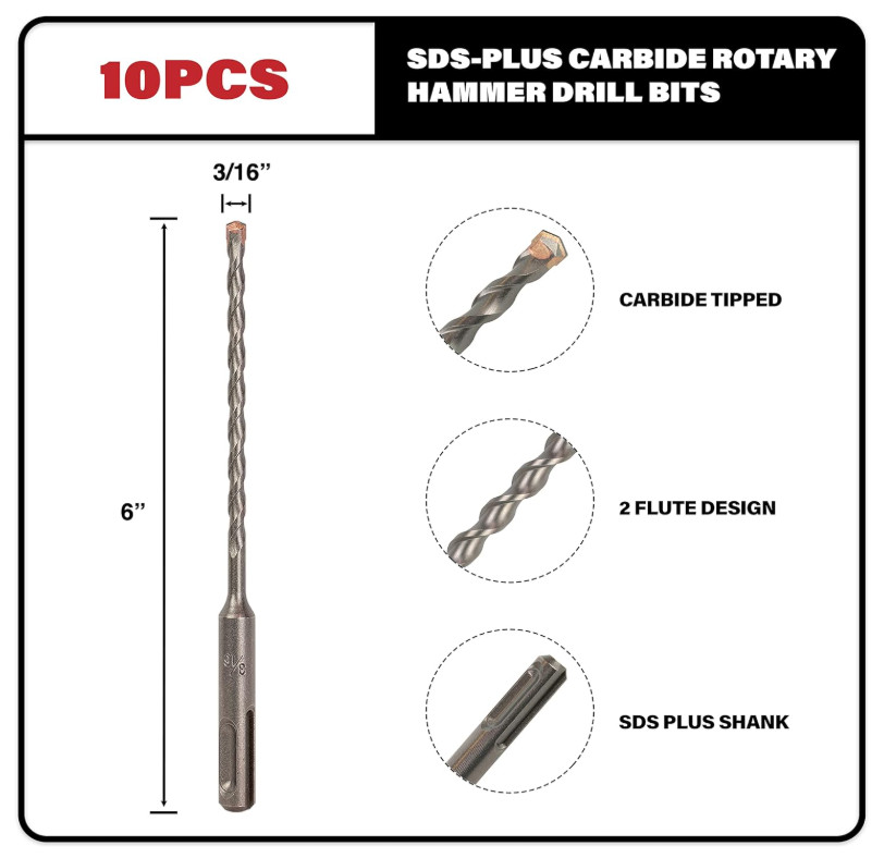 Efficient 3/16" x 6" SDS Plus Rotary Hammer Drill Bits - 10 Pack of Durability