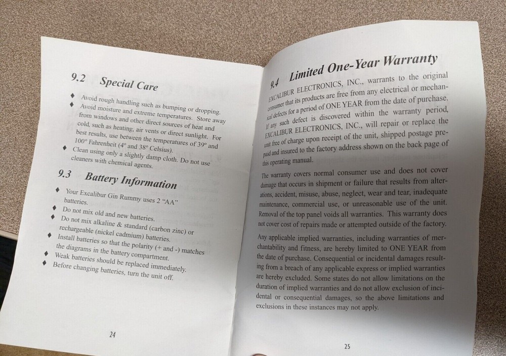 Gin Rummy Excalibur Electronics  Operating Manual 27 Page Hand Held