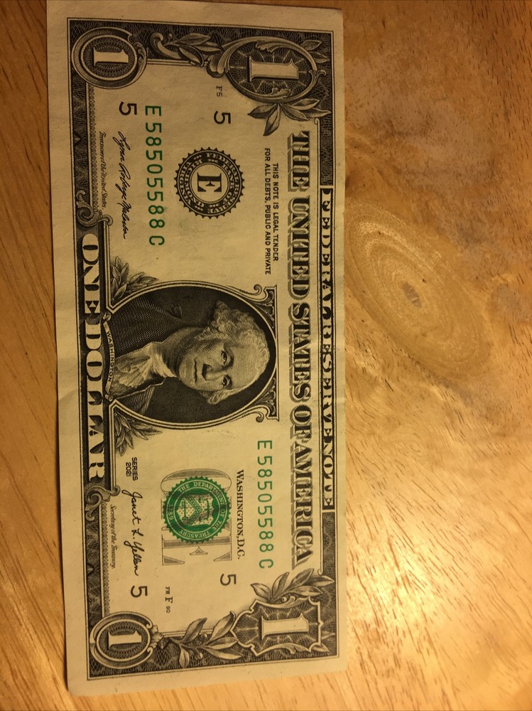 Fancy 2021 $ Bill Error w/Offset Print Obv.&Rev.4,5’s & 3,8’s Trinary Note