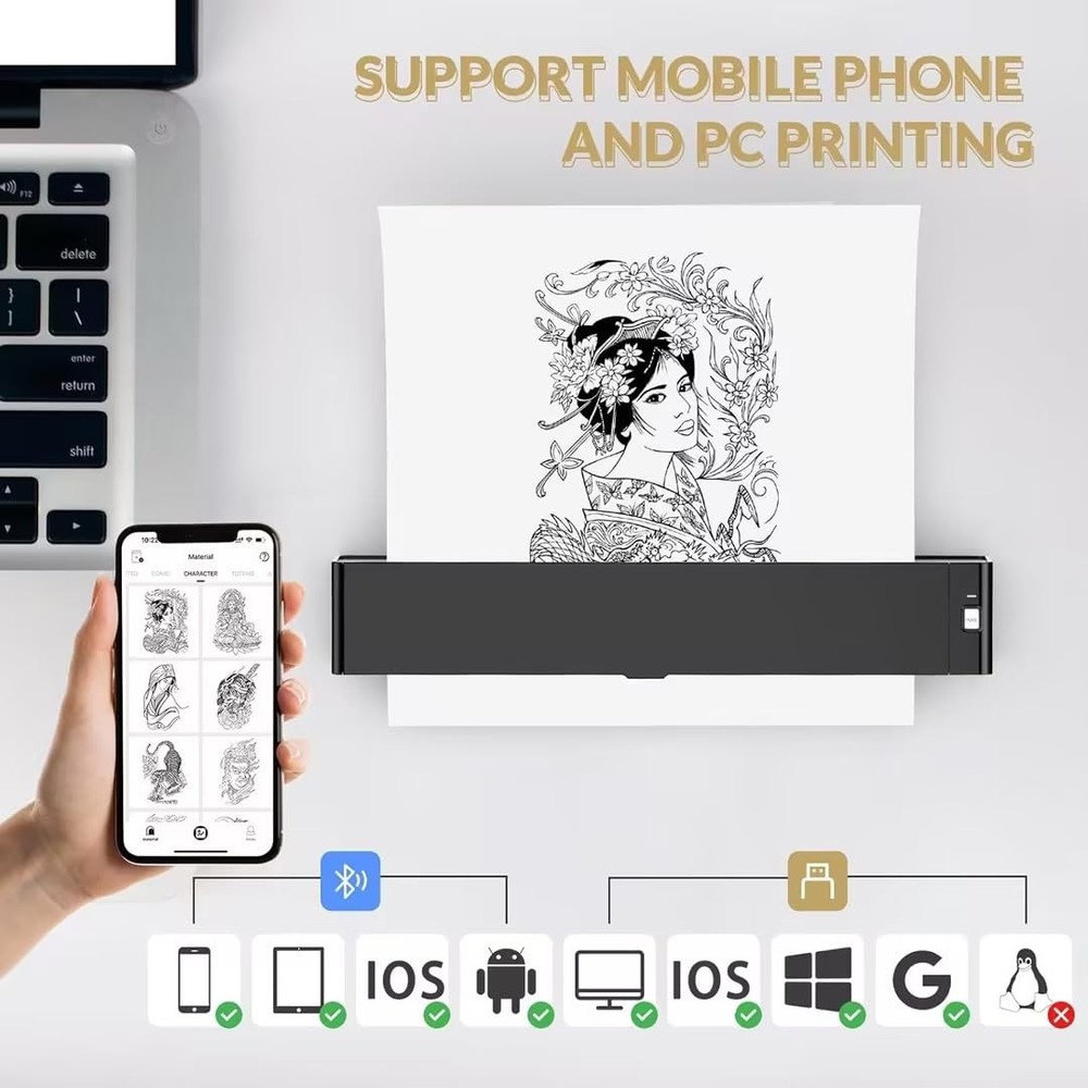 Wormhole Tattoo Stencil Printer, Wireless Bluetooth Printer with black