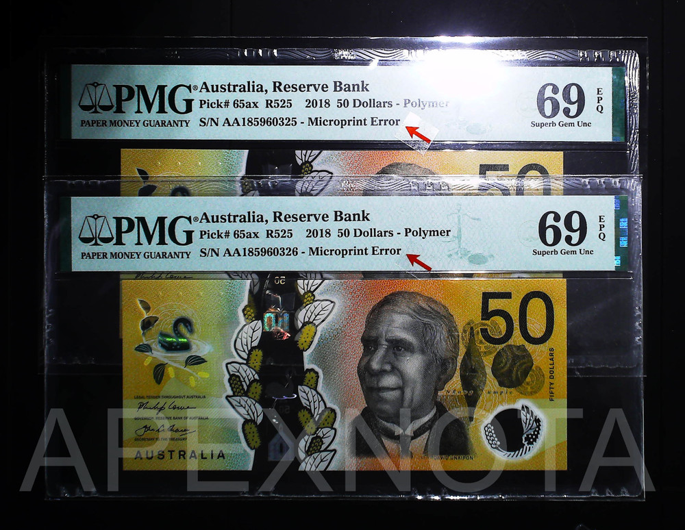 [MICROPRINT ERROR] AUSTRALIA $50 2018 P65ax PMG 69 SUPERB UNC SEQUENTIAL AA PAIR
