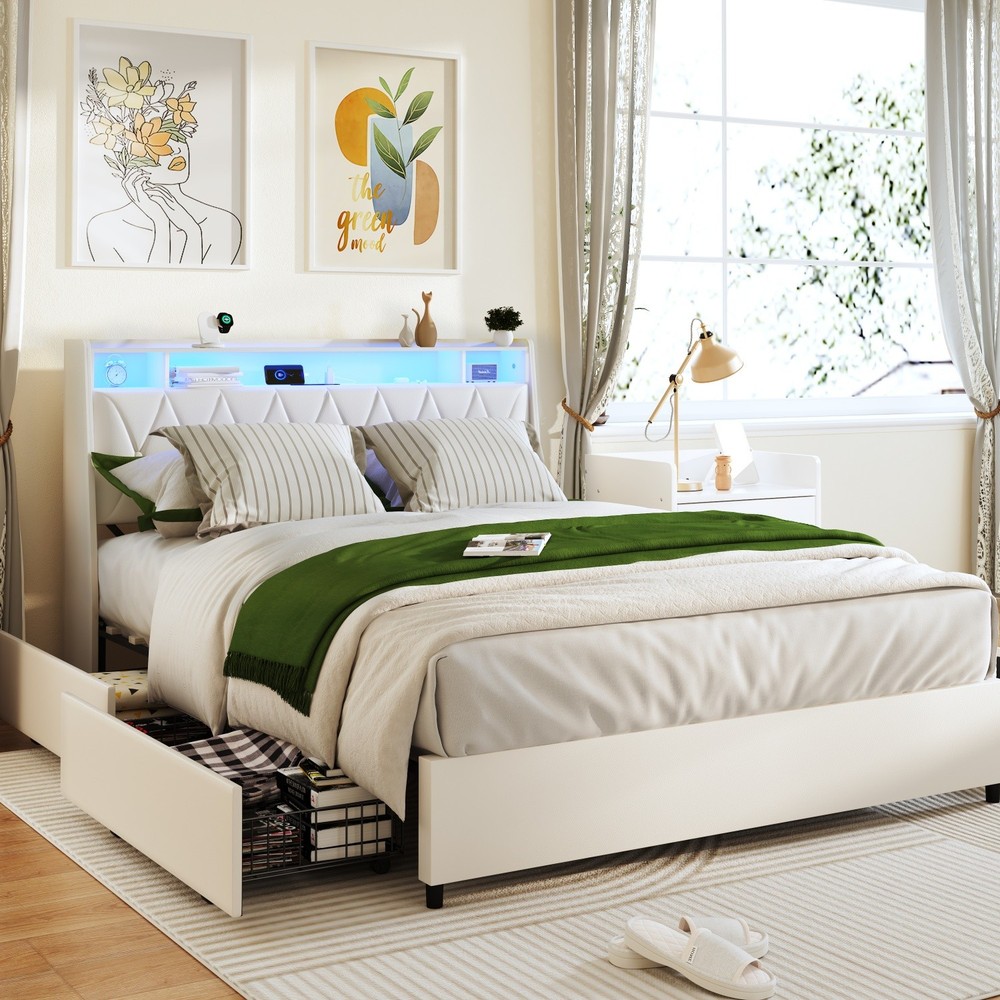 Queen Size LED Platform Bed Frame with 4 Drawers & Storage Headboard & USB Ports