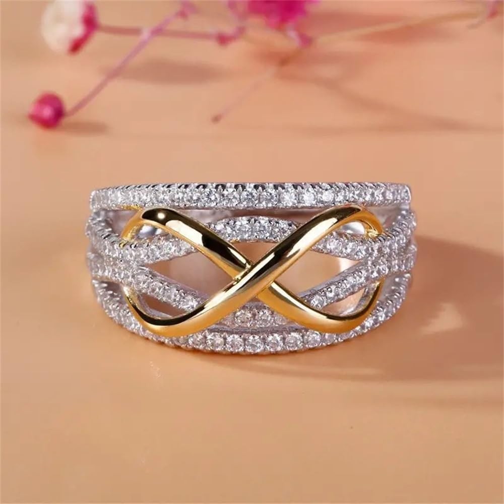 925 Sterling Silver Shiny Full Diamond Gemstone Ring 18K Gold US Code 6,
