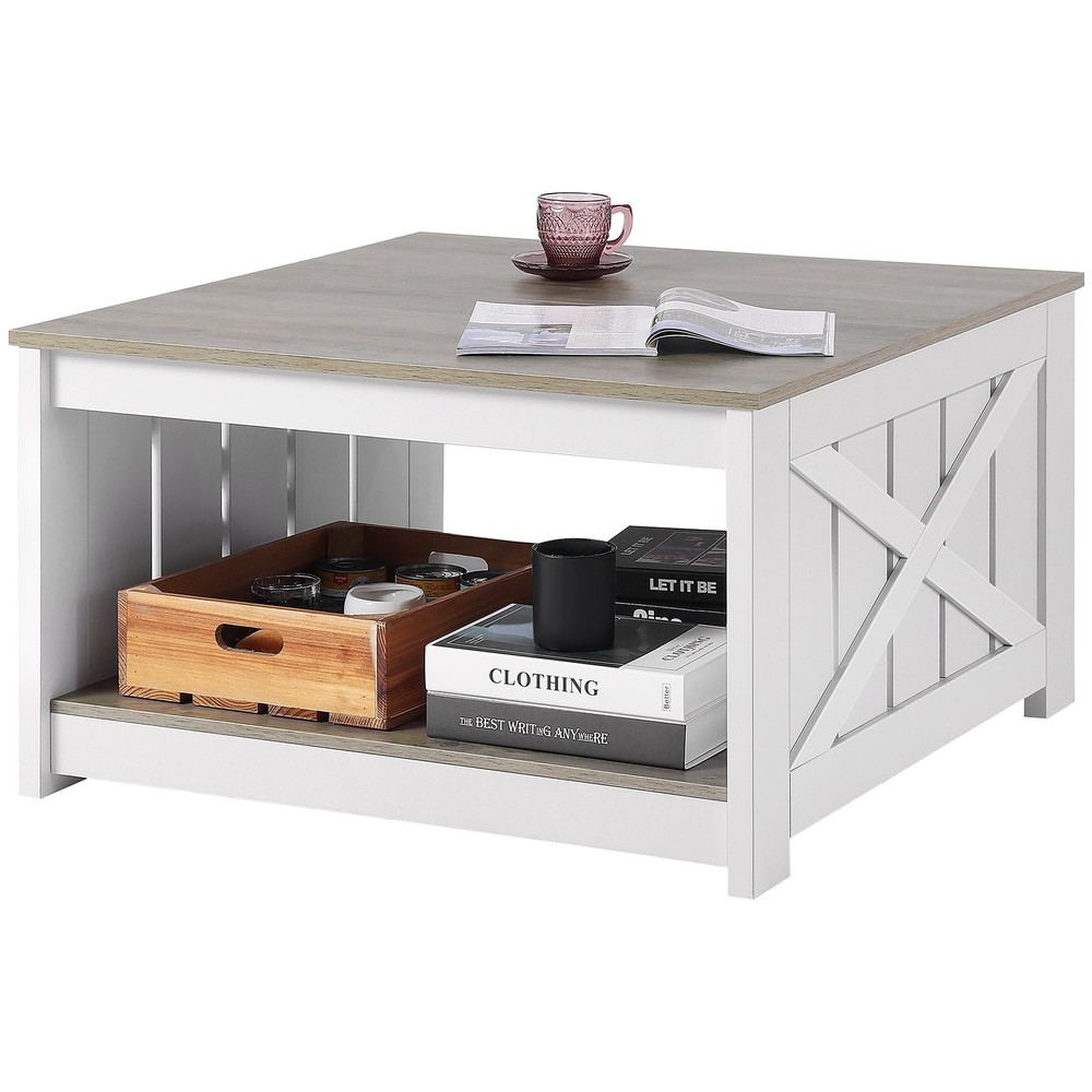31.5" Farmhouse Coffee Table Square Coffee Table Open Storage Compartment