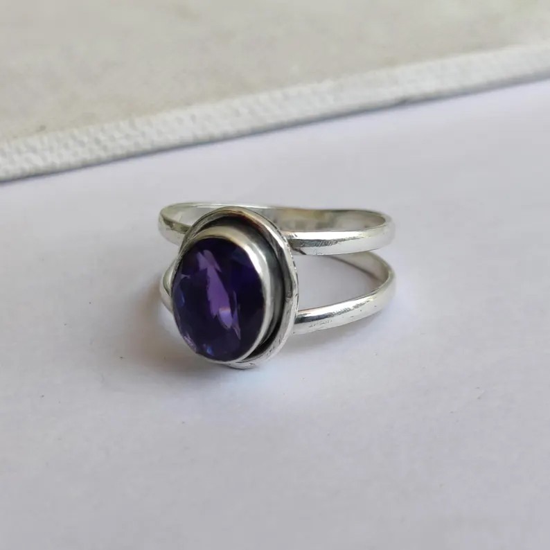 Solid 925 Sterling Silver Natural Amethyst Oval Purple Gemstone Split Band Ring