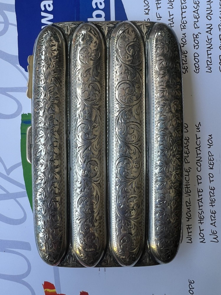 1908 English Birmingham Sterling Silver 4 Sections Cigar Holder Case Engraved