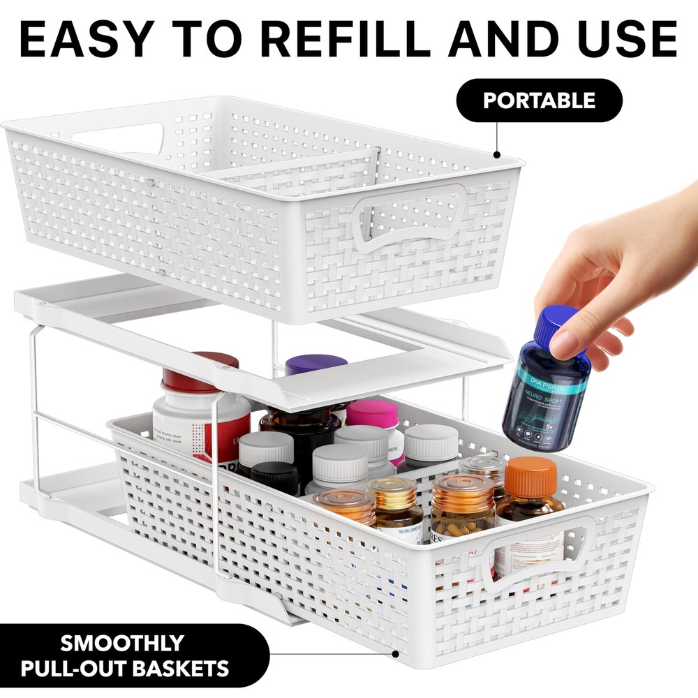 2 Tier Bathroom Organizer Tray Pull-Out Sliding Drawer, Under Sink Storage, W...