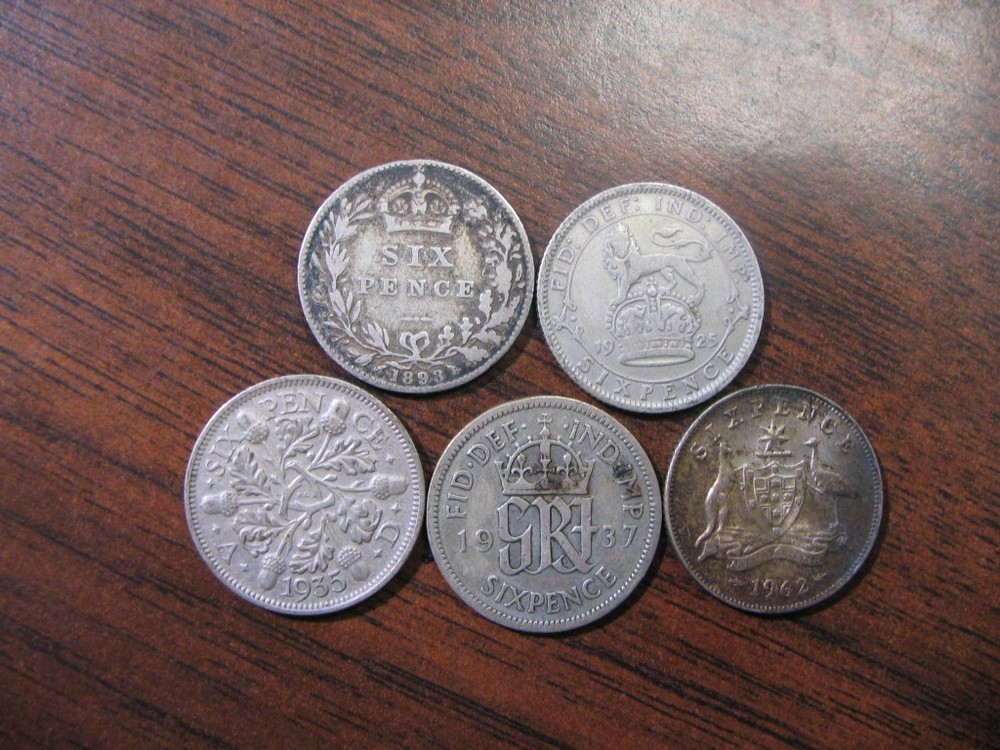 5 Different SILVER 6 Pence, 4 Different Monarchs, 1893-1962