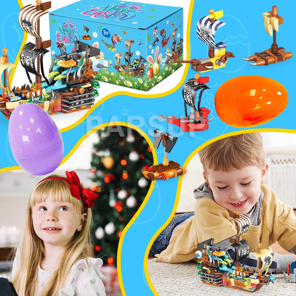 12 Pack Easter Plastic Eggs with Pirate Ship Building Blocks for Easter Theme Pa