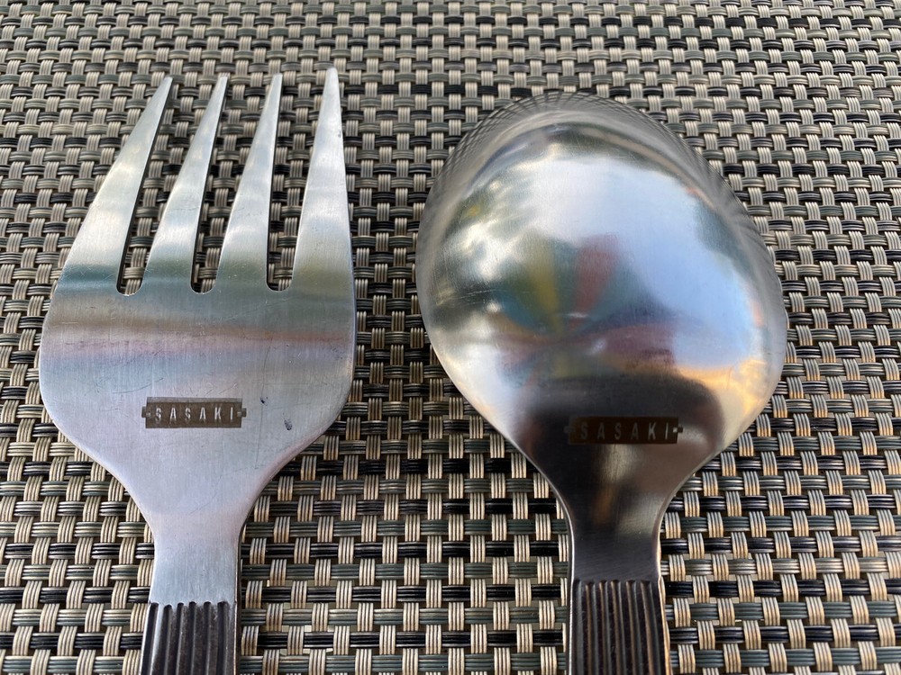 Sasaki Japan Extra Large Stainless Teak Pattern Serving Utensil Set Fork & Spoon