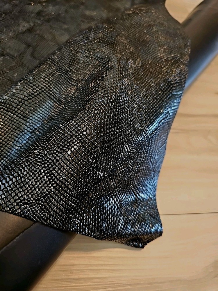 JET BLACK SNAKESKIN EMBOSSED SHEEPSKIN LAMBSKIN LEATHER HIDE PANEL,SHEET,SQUARE