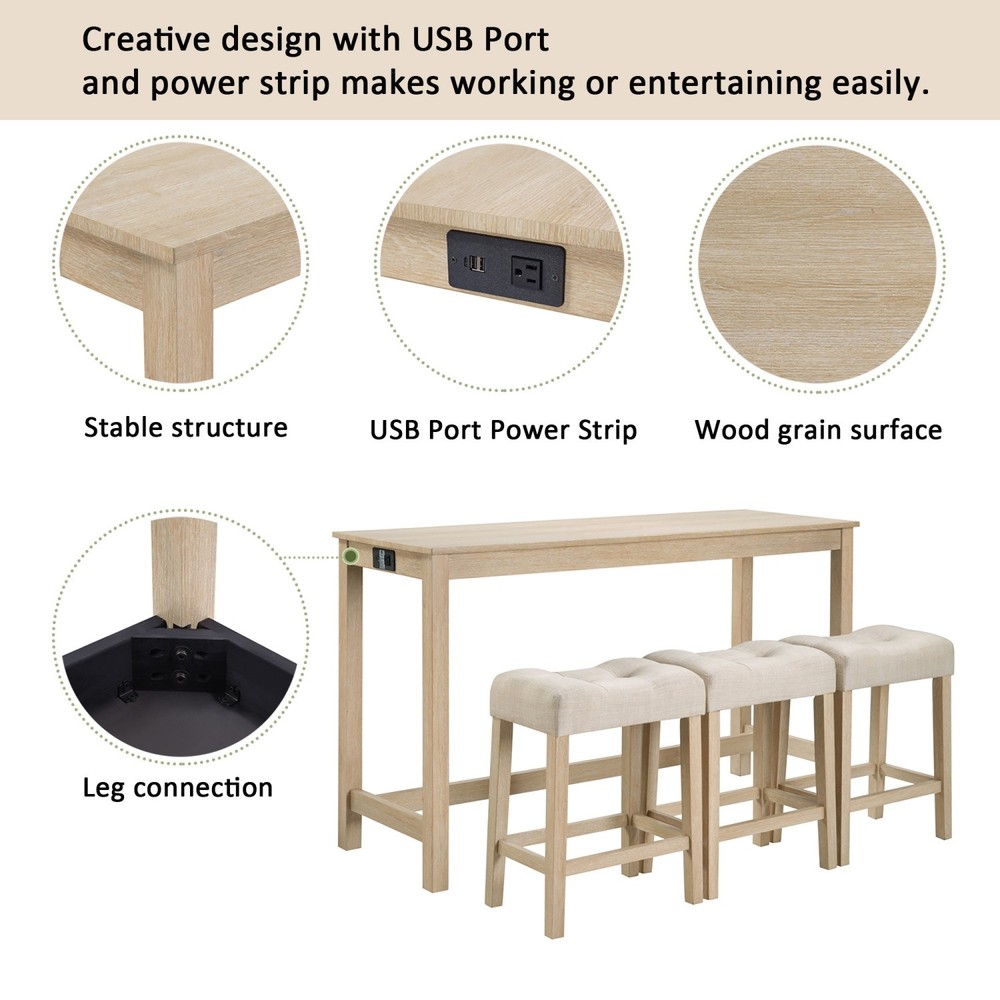 4 Piece Bar Table Set Counter Height Kitchen Dining Table w/ 3 Saddle Bar Stool