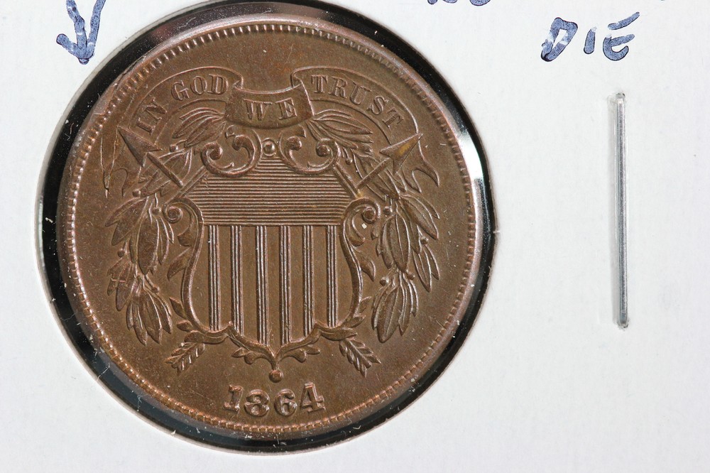 1864 2 Cent BU Lamination Error & Clashed Reverse Die Error 1O6F
