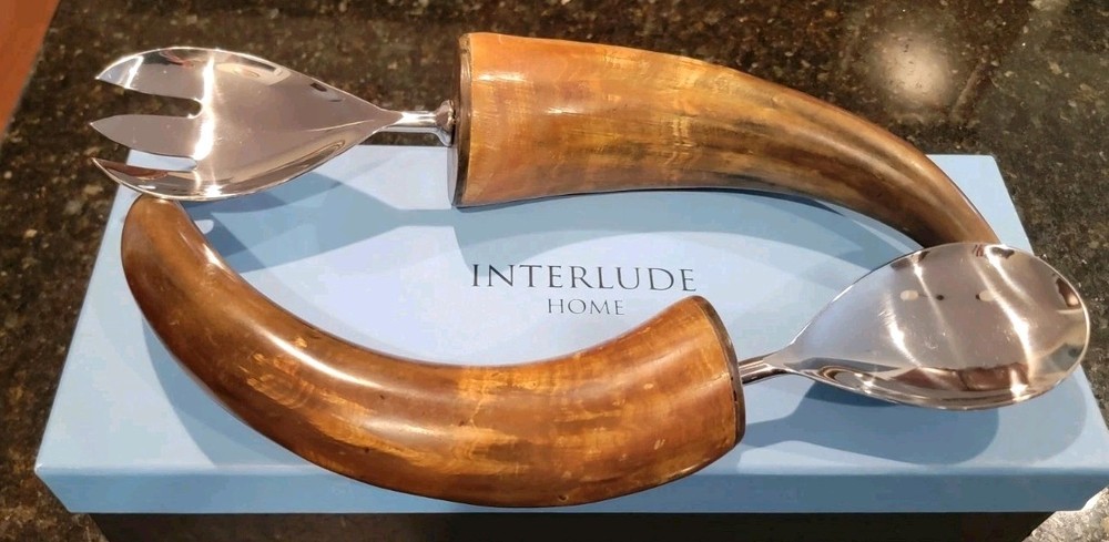 Natural Horn Salad Server Set- Interlude Home-original box