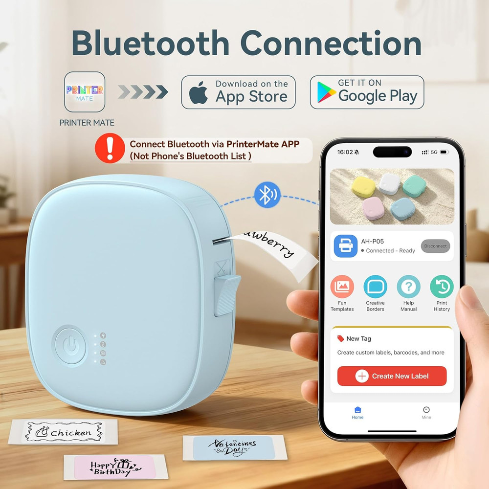 Mini Label Maker Machine with Tape AH-P05, Portable Bluetooth Mini Label Printer