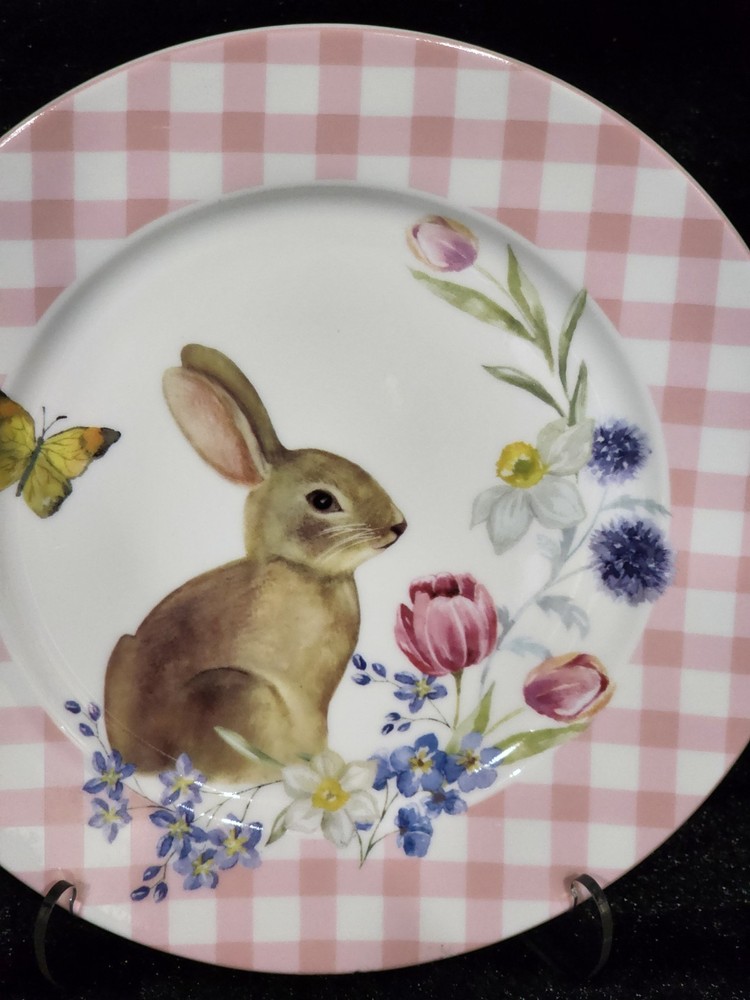 3pc Easter Bunny Pink Gingham 2-Tier Serving Tray Cookie Stand & 2 Salad Plates