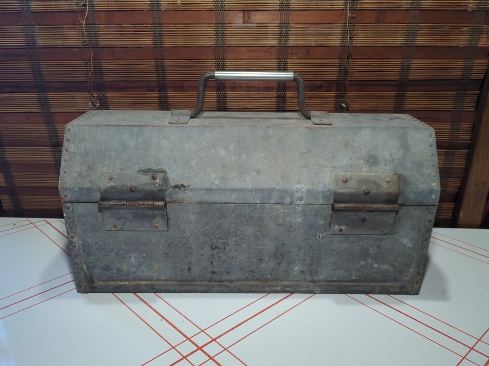 Vintage Galvanized Metal Tool Box Storage Coffin Style Large