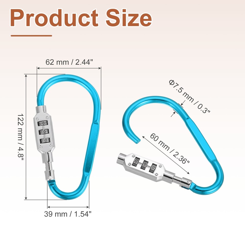 4.8" x 2.4" D-Shaped 3-Digit Code Combination Lock D-Ring Clip, Light Blue