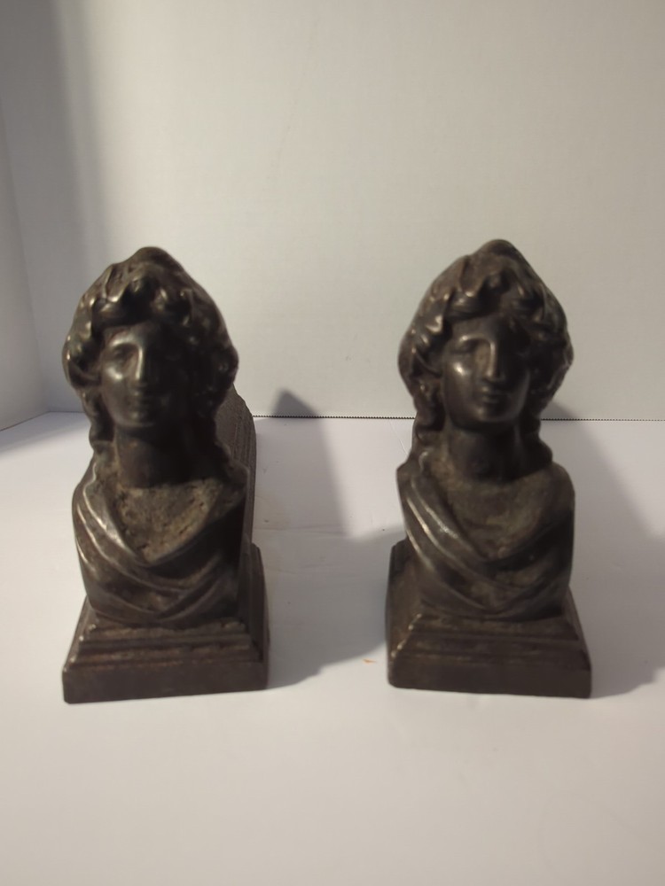 Antique Art Deco Cast Iron Woman’s Bust Firedogs Andirons 12”