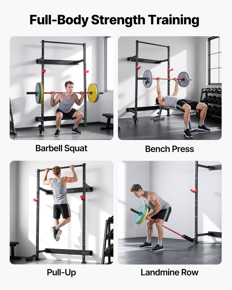 Adjustable Folding Power Rack: 1000lb, J-Hooks, Pull-Up Bar, Landmine Kit