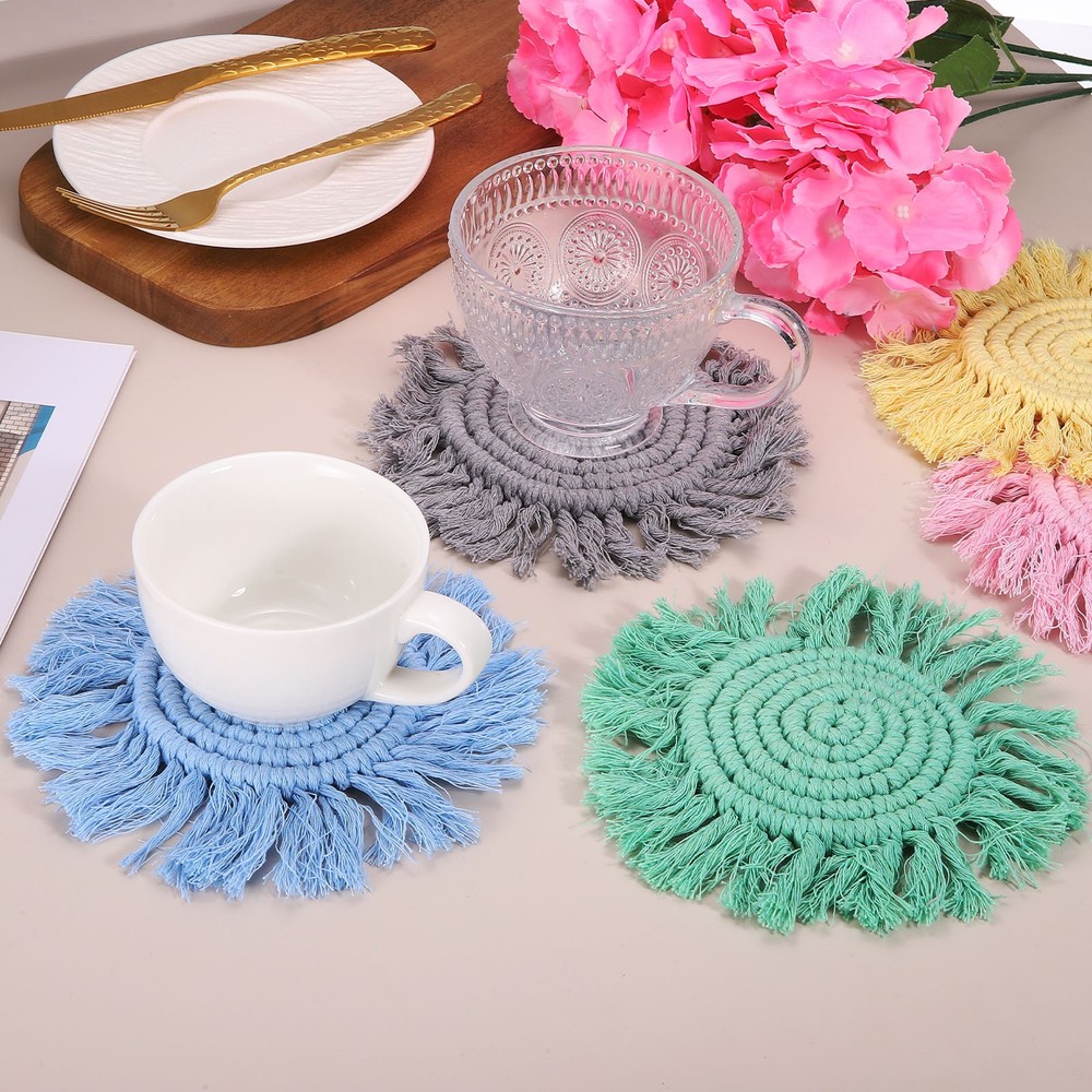 2Pcs Boho Coasters, Woven Drink Coasters with Tassel, Beige