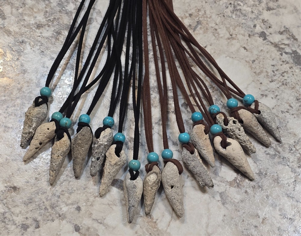 Fossil shell necklaces with turquoise gemstone bead