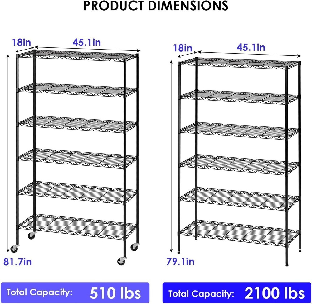 Rust-Resistant 6-Tier Wire Shelving System with Wheels | Easy Tool-Free Assembly