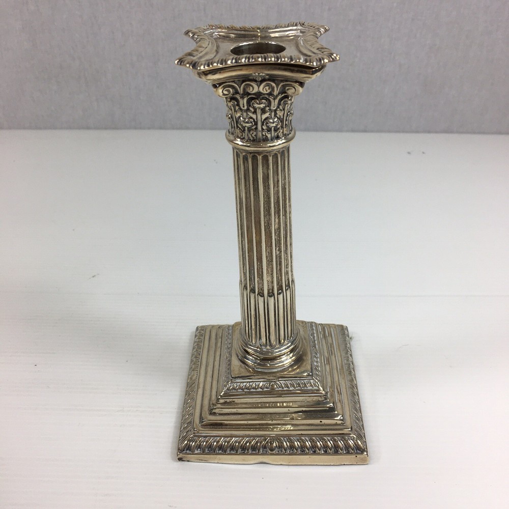 Antique 1936 Solid Silver Weighted Pair Of Corinthian Column Candlesticks