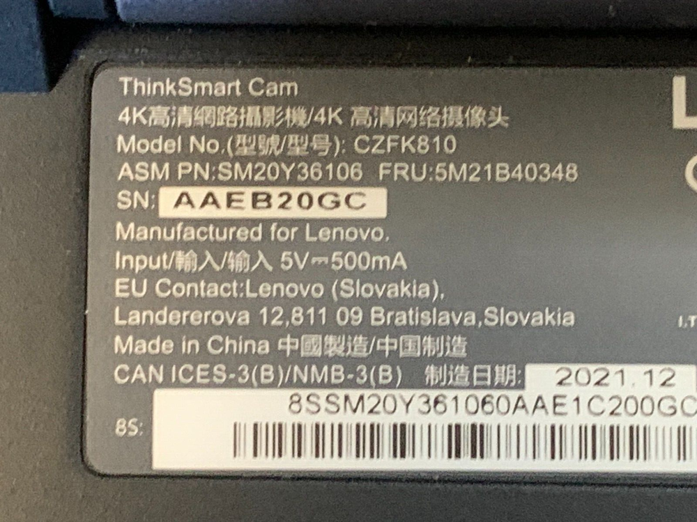 1 LENOVO THINKSMART CAM Model: CZFK810-Great Working Condition