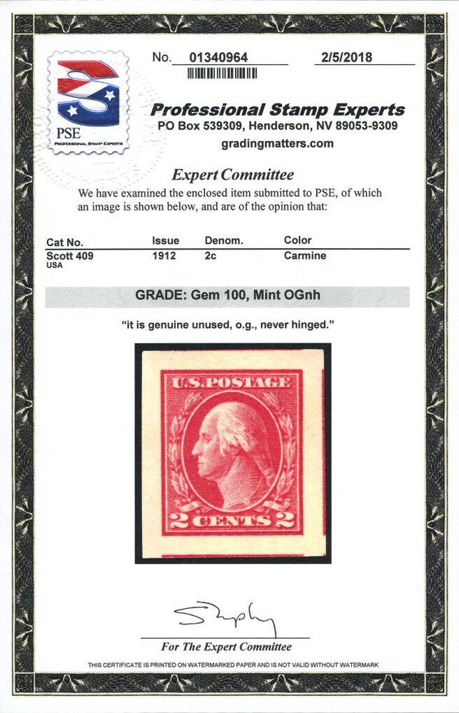 US # 409 2¢ Washington, "Gem 100" OG NH, PSE graded (2018)