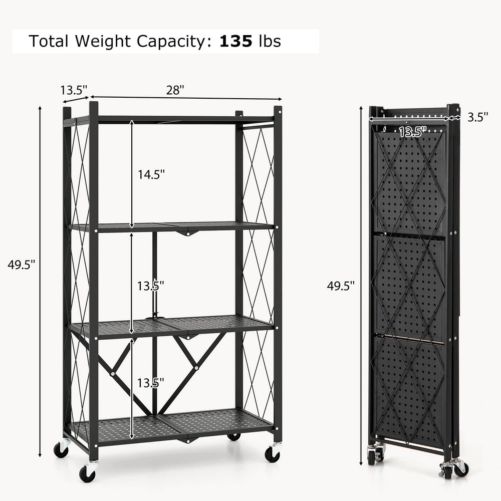 4-tier Foldable Storage Shelving Unit w/4 Universal Wheels for Kitchen Study