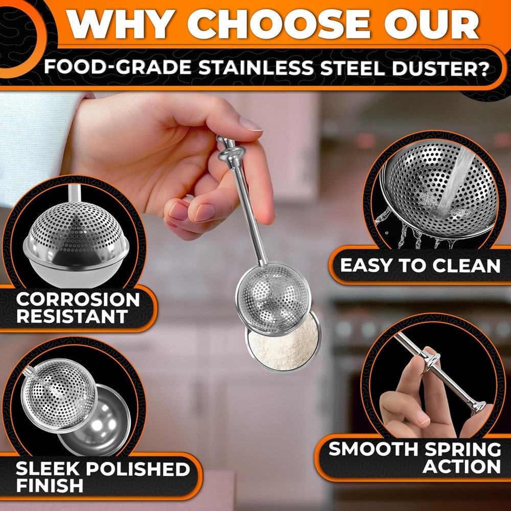 Stainless Steel Flour Duster Tool – 18/8 Baking Shaker for Bread Dusting