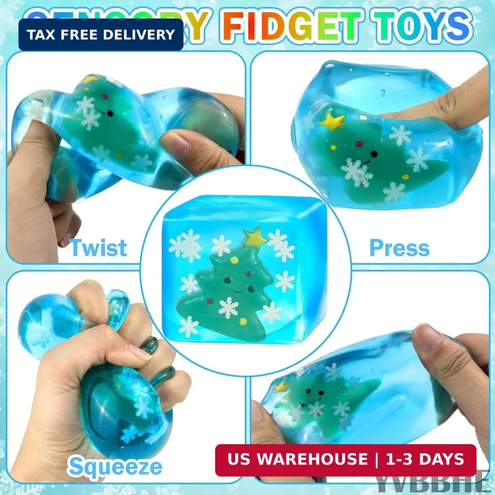 Blue Squeeze Cube with Luminous Hand Painted Christmas Tree Inside，Squishy Stres