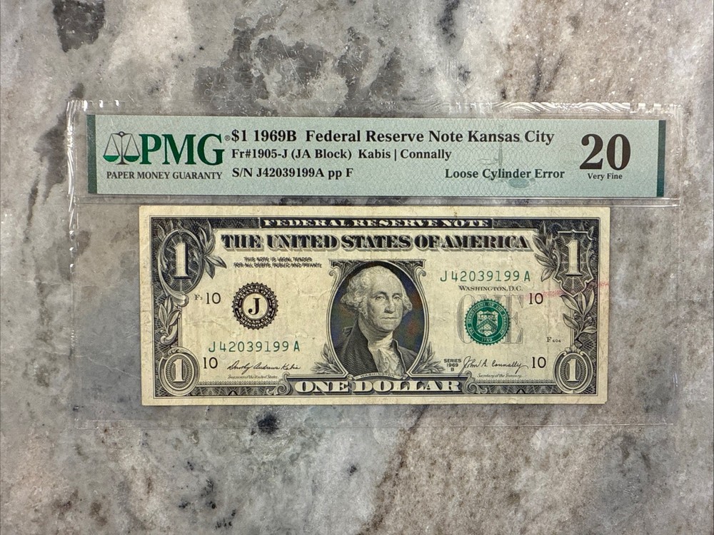 Error Note! 1969B $1 FRN Fr. 1905-J, Loose Cylinder Error/Printing Doubled